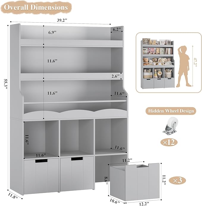 HITHOS 55.3" H Kids Bookshelf with Toy Storage Organizer, Tall Book Shelf with 3 Movable Toy Storage Bins, Large Kids Bookcase with Toy Chest, 39.2" W Modern Toys Box for Kid Room, Playroom, Gray