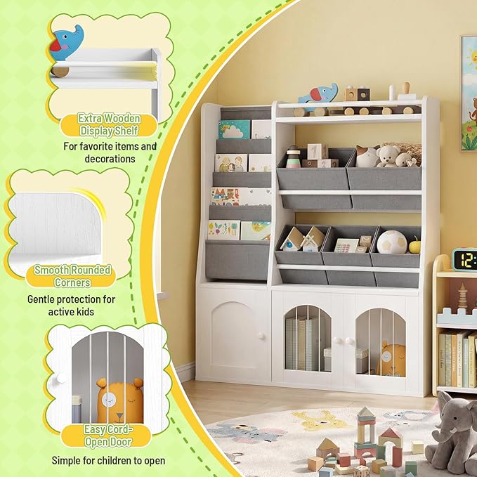 Toy Storage Organizer, Kids Toy Storage with 5 Fabric Drawers and 5-Tier Hanging Bookshelf, Elastic Doors and Guardrail, Bookcase for Bedroom, Nursery, Classroom, White and Gray