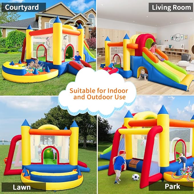Inflatable Bounce House, 8 in 1 Large Bounce Castle with Blower for Kids and Toddlers, Outdoor Indoor Backyard Inflatable Bouncers with Two Slides
