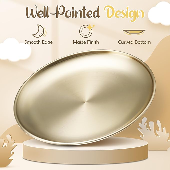 HaWare 4-Piece 18/8 Stainless Steel Plates, Metal 304 Dinner Dishes for Kids Toddler Children, 8 Inch Feeding Serving Camping Plate, Reusable Dinnerware, Unbreakable & Non-toxic, Dishwasher Safe, Gold