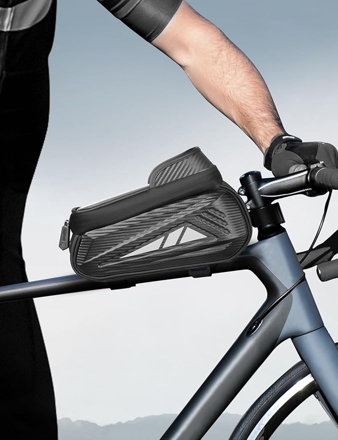 Bike Phone Holder Bag, EVA Waterproof Bicycle Front Frame Bag, Bike Accessories Cycling Pouch with Sensitive TPU Touch-Screen, Bicycle Phone Mount with Rain Cover for Phone under 7" (Black, 7 inch)