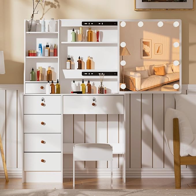 Vanity Set with Mirror and Lights, Vanity Table with Stool, Lighted Mirror 10 Dimmable Bulbs, 6 Drawers, Makeup Vanity Desk for Girls, White Bedroom Dressing Table