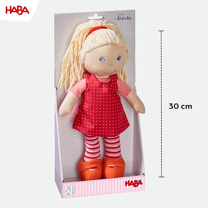 HABA 12" Soft Baby Doll Annelie with Blonde Hair, Embroidered Face, Removable Red Dress and Matching Hairband - Washable Toddler Doll for 18 Months+