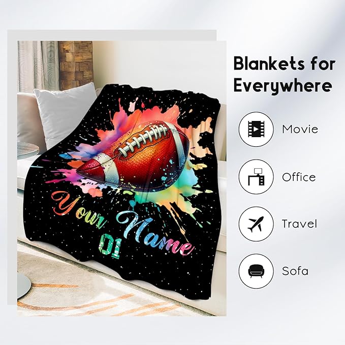 Personalized Football Blanket, Custom Football Gifts for Boys Men Adults, Flannel Throw Blankets for Team Player, Sport Theme Throws Boys Room Decor for Couch Sofa (Colorful, 40x50 Inch)