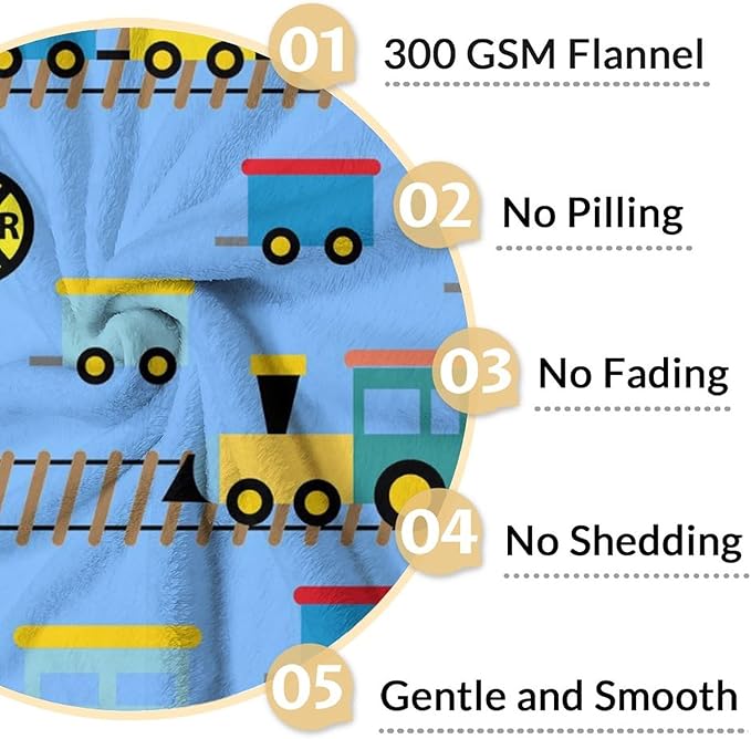 Train Gifts for Boys 4-6 - Warm Cozy Train Blanket - 40"x50" Inches Crib Throw Blanket - Light Blue Cartoon Throws for Kids