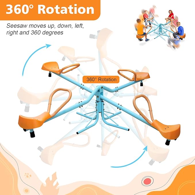 360 Degree Rotation Seesaw Swivel Teeter-Totter, 2/3/4 Seats Sit and Spin Outdoor Playground Equipment for Kids, Toddlers, Boys, Children (Orange-4 Seats)