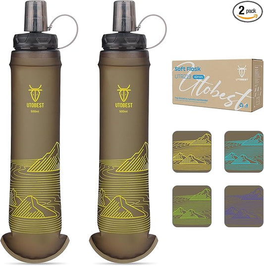 UTOBEST 500ml Soft Flask, 2 Pack Flexible TPU Hydration Water Bottle, Collapsible with 42mm Caliber for Running, Hiking, Cycling, Climbing, and Marathon Yellow