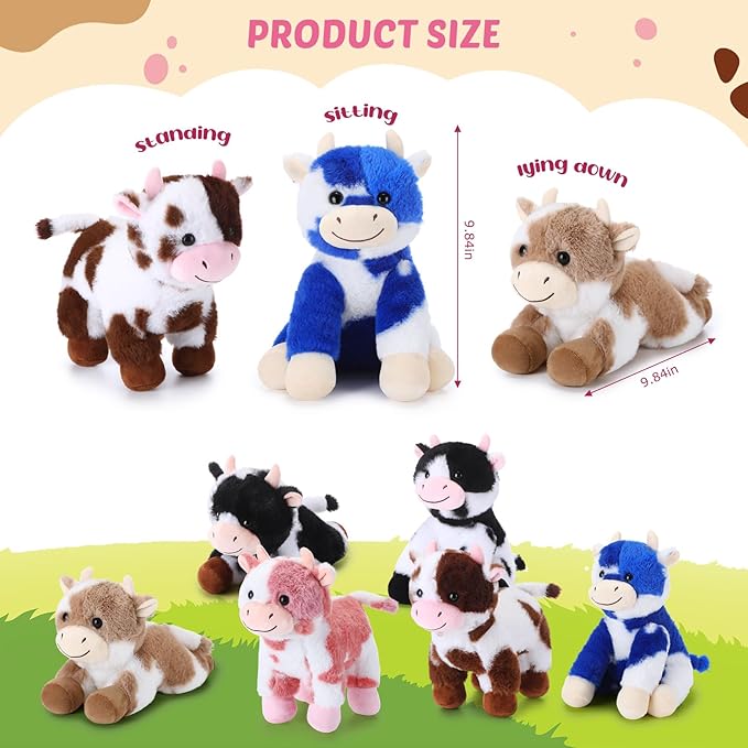 Syhood 6 Pcs Cow Stuffed Animals Set, Stuffed Cow Plush Bulk Gift Animal Plush for Birthday Boys Girls Christmas Party Graduation Kid Toddler Home Decor