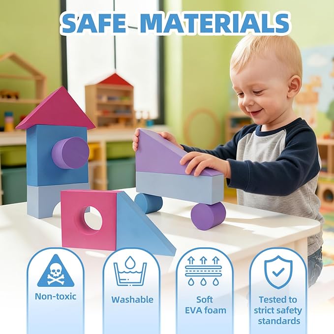 Large Building Foam Blocks for Toddlers, EVA Stacking Foam Building Blocks Toy Set, Non-Toxic, Washable, Early Learning Construction Toys & Gifts for Kids Boys & Girls (Pink, Pieces, 30)