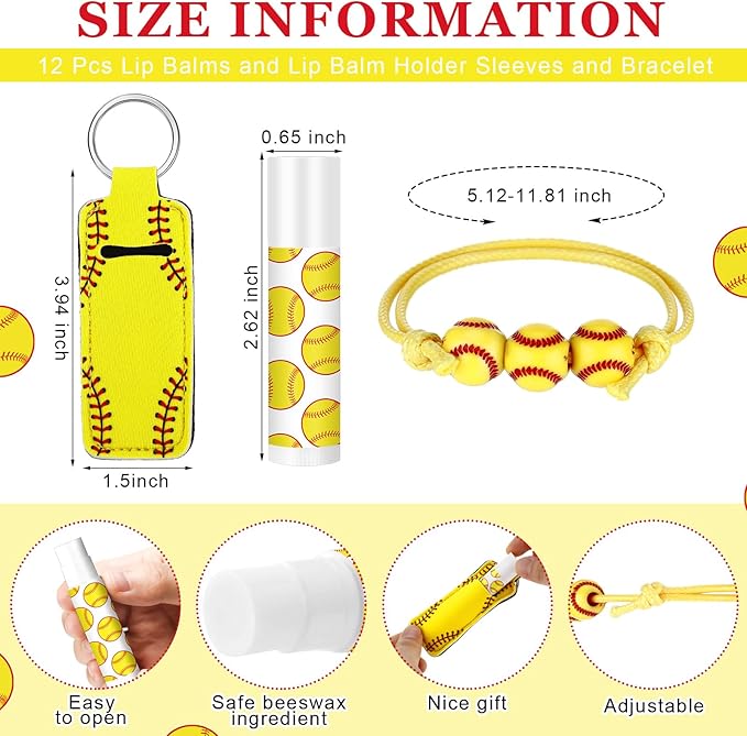 72 Pcs Christmas Softball Team Gifts Softball Party Favors Accessories for Teen Girls 12 Makeup Bags Lip Balm 12 Lipstick Holder Keychains Necklaces Mirrors Adjustable Bracelet for Sport Lover