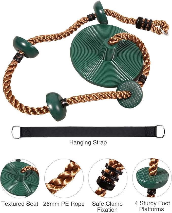 REDCAMP Climbing Rope Swings for Trees, Heavy Duty Plastic Disc Swing Seat for Kids and Adults with Hanging Strap and Snap Hooks, Green
