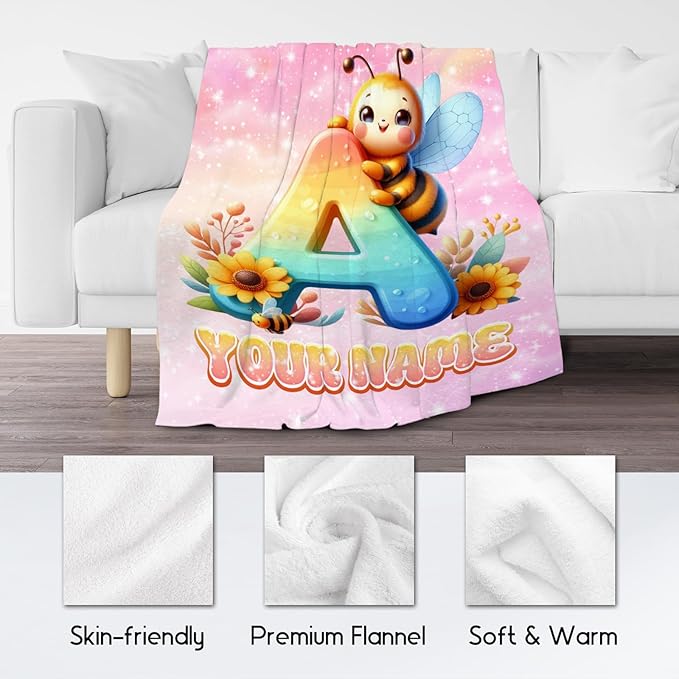 Personalized Blankets for Kids - Bee Blanket for Girls Boys - Custom Name Gifts for Daughter Son - Cute Monogram Fleece Throws - 4 Sizes for Toddler/Children/Teens/Adults
