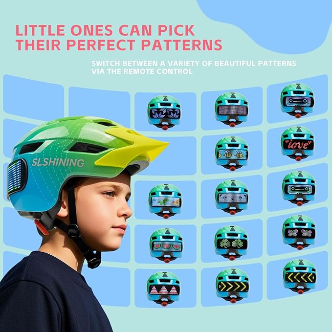 Kids Bike Helmet for Boys Girls: Helmets for Children and Adolescents 5-14 Years Old，64-Pattern LED Light Adjustable Kid Helmet Multi-Sport Protection