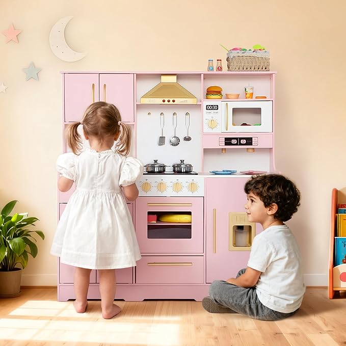 Kinder King Wooden Kids Play Kitchen, Toy Kitchen Playset for Toddler, Play Kitchen Set w/Real Sounds, Pretend Coffee Machine, Kitchen Hood, Sink, Ice Maker, Gift for Boys Girls Age 3+, Pink