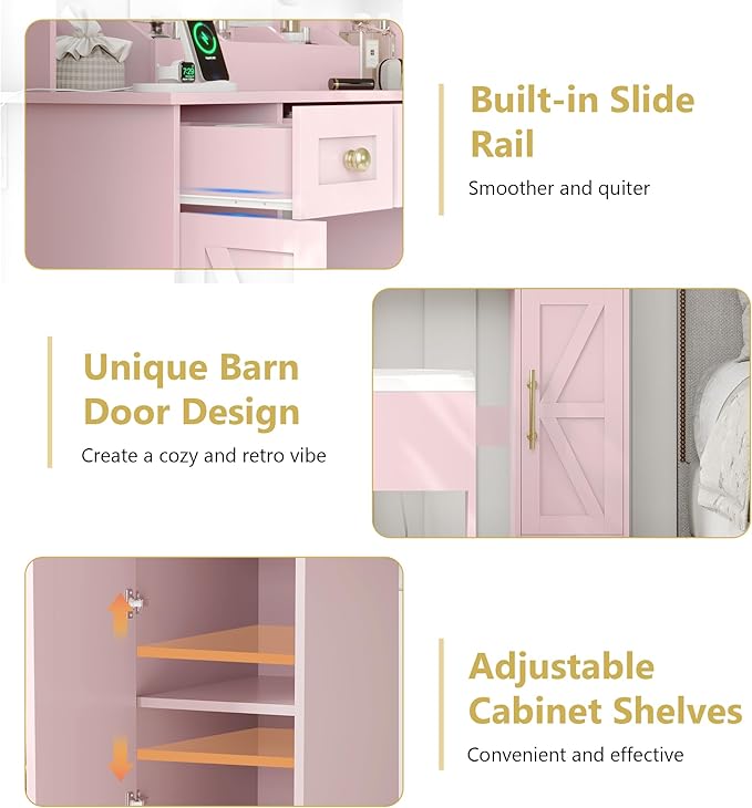 Vanity Makeup Desk with Mirror and Lights, Farmhouse Vanity Table Set with Storage Drawers, Charging Station & Chair, 43" Large Rustic Dressing Table, 3 Lighting Modes for Women Girls Bedroom, Pink