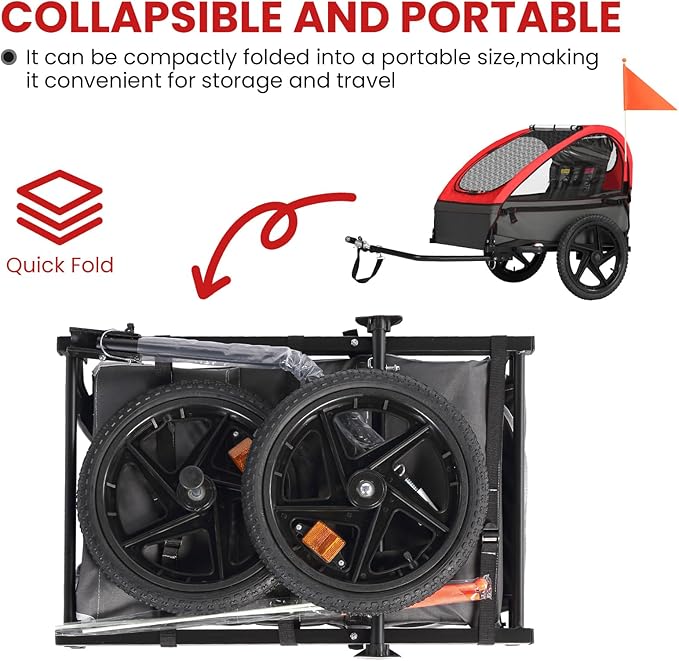 Sepnine Kids Bike Trailer, Suitable for 1 to 2 Kids, 12+ Months, Quick Attach to Bike, Foldable, with 5-Point Harness and Storage Bags