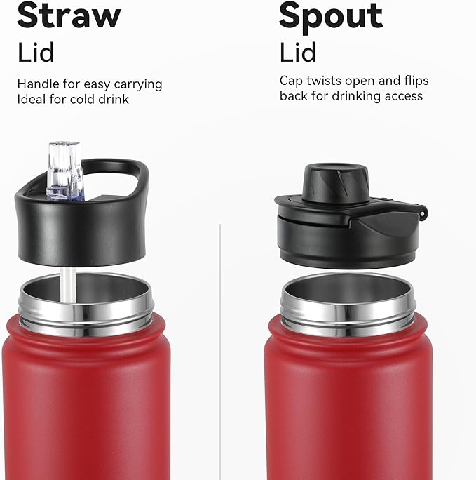 16 oz Insulated Water Bottle with Straw Lids, Stainless Steel Kids Water Bottles for School, Double Wall Vacuum Metal Water Bottle with Straw & Wide Mouth Lid, Red 1 Pack