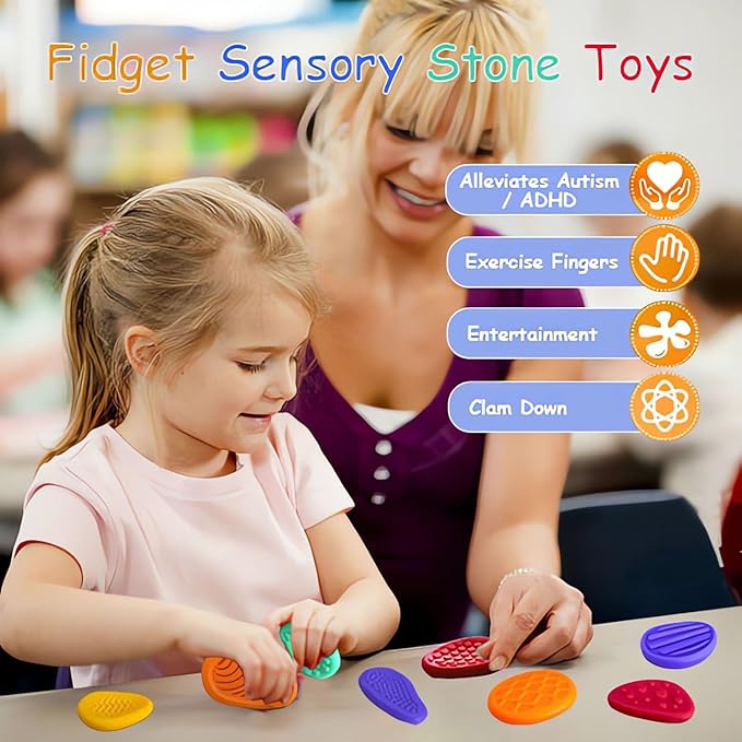 Sensory Stone Fidget Toys for Autism - 6 Pack Textured Soft Worry Stones, Stress Anxiety Relief Sensory Toys for Kids & Adults, Calming Classroom Prizes, Office Coworker Gifts