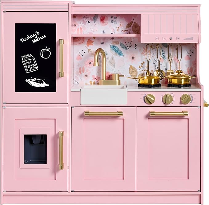 Best Choice Products Pretend Play Kitchen for Kids, Interactive Wooden Toddler Playset, Framed Chalkboard, Toy Storage, 11 Accessories – Pink