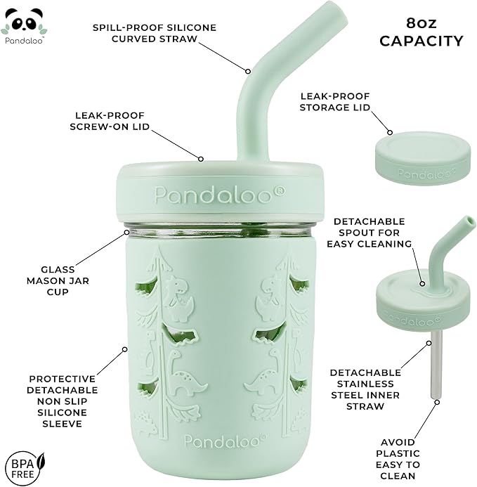 Pandaloo® Mason Jar Toddler Cup - 8 oz Spill-Proof Glass Tumbler with Silicone Straw and Lid, Non-Slip Sleeve, BPA-Free Toddler Snack Cups - Perfect Smoothie Cups with Lids and Straws for Kids