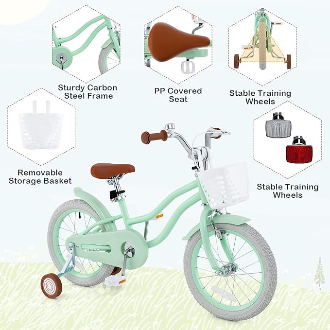 BABY JOY Kids Bike, 12 14 16 18 20 Inch Boys Girls Bike w/Adjustable Seat, Removable Basket, Handbrake & Coaster Brake, Training Wheels or Kickstand, Kids Bicycle with Multi-Color