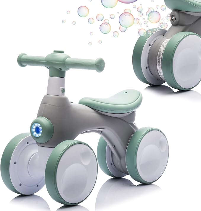Baby Toddler Balance Bike with Bubble Machine for 1 Year Old Children,4 Wheels Kids Balance Bike w/Bubble Maker,Kids Ride on Toys w/Music,Headlight for Ages 12-36 Months Boys Girls (Light Green)