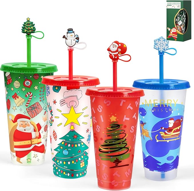 Christmas Color Changing Cups with Lids, Straws & Cute Straw Caps, 24oz PP Reusable Tumblers for Cold Drinks, 4 Pack Holiday Gift for Kids, Teens & Adults