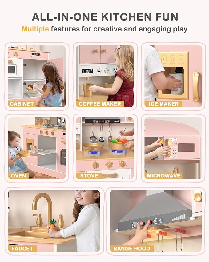 Babytronic Wooden Play Kitchen Set, Pretend Play Kitchen with Lights and Sounds for Kids Ages 3+, Includes Stove, Oven, Microwave, Coffee Maker, and Accessories, Toy Kitchen Set for Toddlers (Pink)