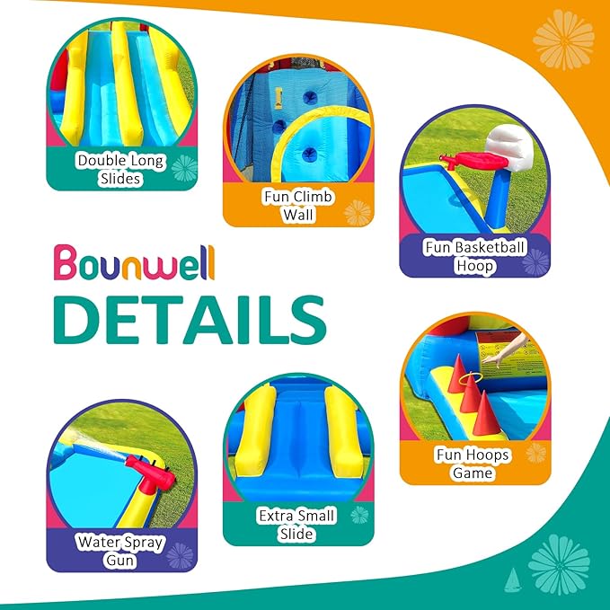 Inflatable Bounce House with Double Slide, Water Bounce Castle with Slide,Water Slide with Splash Pool, Water Cannon, Climbing Wall, Basketball Hoop, Backyard Water Slide for Kids