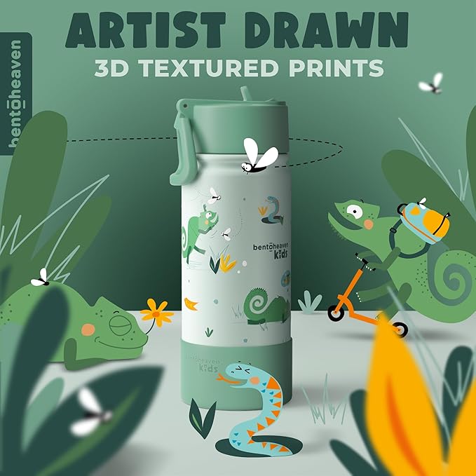 Bentoheaven Kids Water Bottle Stainless Steel for Boys & Girls, 2 Lids (Chug & Straw), Handle & Silicone Boot, Reusable Metal Leak-proof Insulated Tumbler, School & Sports 17oz (Green)