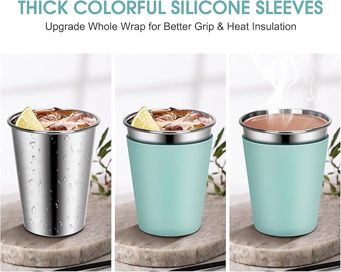 Kids Cups with Straws and Lids, 12oz Sippy Cups with 6 Color Silicone Sleeves Spill Proof Stainless Steel Cups for Kids, Toddlers and Adults