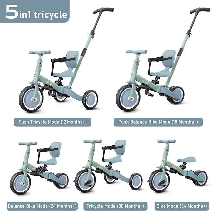 newyoo Toddler Tricycle with Push Handle for 1-3 Year Old, Toddler Bike, Birthday Gifts and Toys for Boys and Girls, 5 in 1 Kids Trike, Convert to Baby Balance Bike, Green, TR007