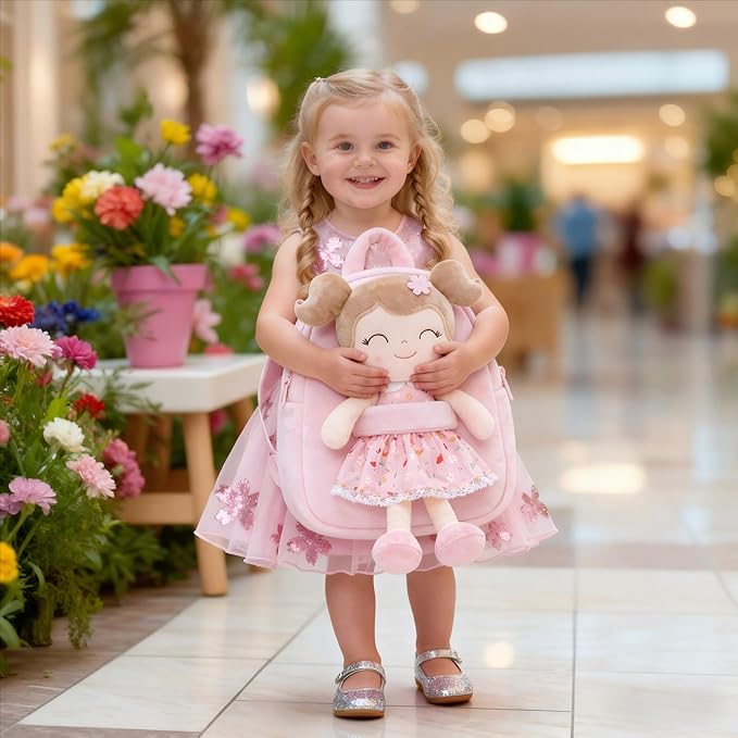 Gloveleya Kids Backpacks Girls Backpack Plush Bags Diaper Bag Backpack with Floral Doll Pink