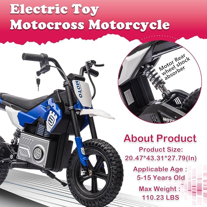 Electric Dirt Bike for Kids Ages 5-10, 24V 200W Higher Speed Electric Motorcycle, Kids Ride On Motorcycle with Rear Wheel Shock Absorber, LED Breathing Light, Bluetooth, Music, Horn, Blue