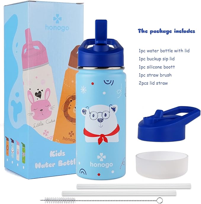 16 oz Stainless Steel Insulated Kids Water Bottle, Leak Proof Metal Thermal Flask with Straw lid, Cute Toddler Tumbler Cup for School Girls & Boys (Blue, Bear)