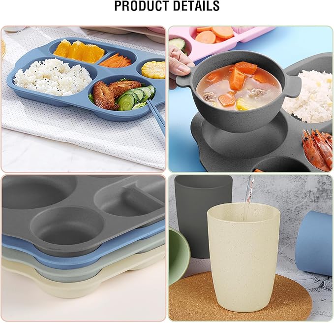 shopwithgreen Wheat Straw Dinnerware Cutlery Set, 20 PCS Kids Toddlers Divided Plates and Bowls Sets, Microwave Unbreakable Tableware Spoon Knife Cup, Dishwasher Safe for Kitchen Picnic School