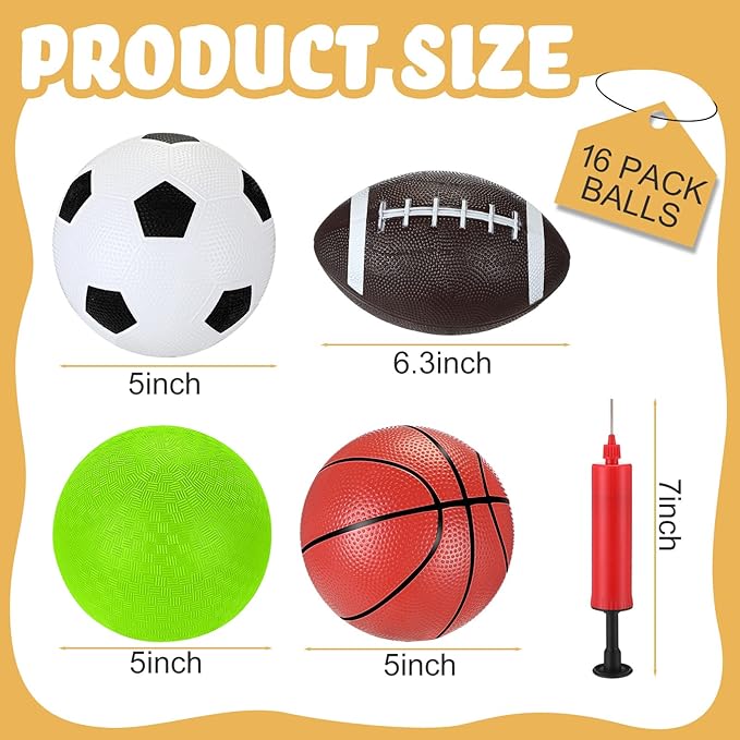 Sports Balls with Pump for Kids 5" Basketball, 5" Soccer, 5" Playground Ball, 6.3" Football for Indoor Outdoor Play Games Gifts