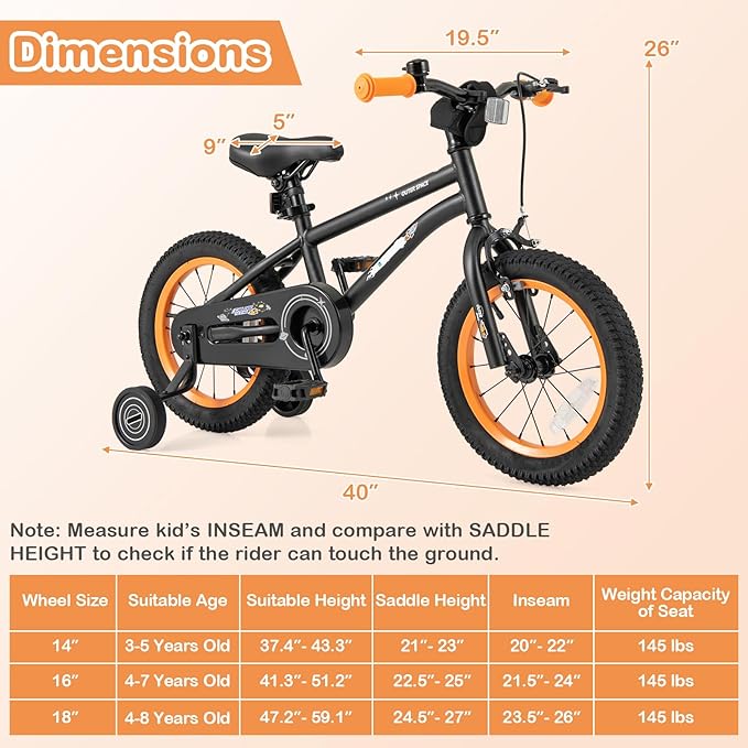 BABY JOY Outer Space Kids Bike, 14 16 18 Inch Sport Bicycle for 3-8 Years Old w/Adjustable Saddle, Training Wheels, Widened Tyre, Handbrake & Coaster Brake, 95% Pre-Assembled Girls Boys Bike