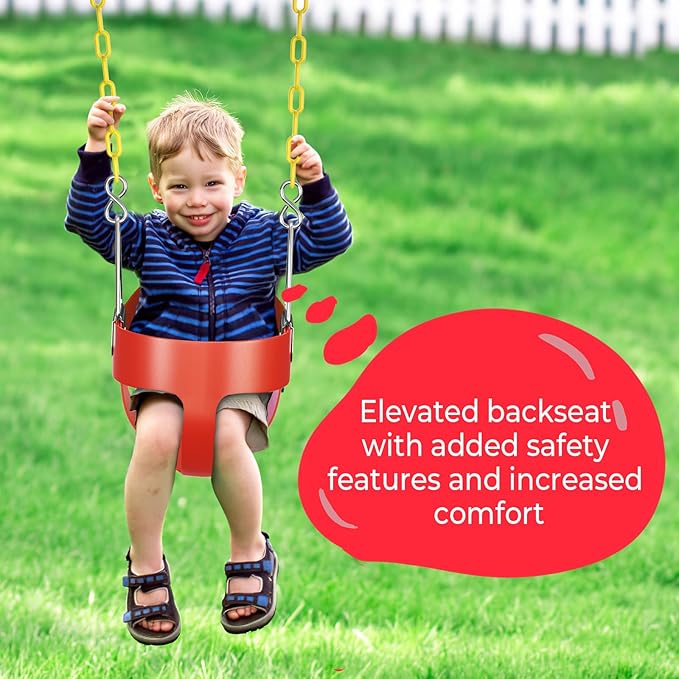 AGPTEK High Back Full Bucket Toddler Swing Seat Infant Swing with Yellow Coated Swing Chains and Carabiners Baby Swing Outdoor for Easy Install(Red)