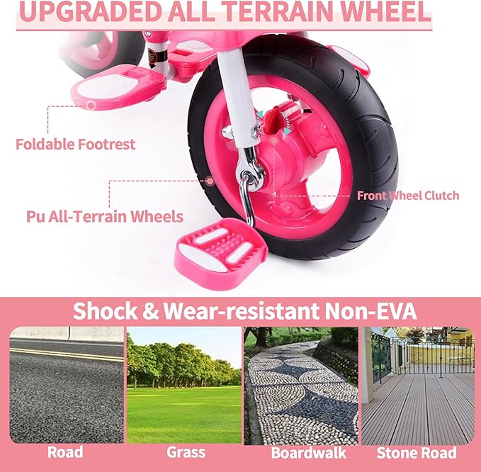 Baby Trike, 6-in-1 Kids Tricycle with Adjustable Push Handle, Removable Canopy, Safety Harness for 18 Months - 5 Year Old(Pink)