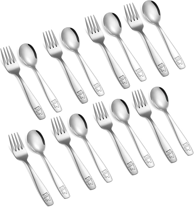 16 Pieces Toddler Utensils Kids Silverware Set, Stainless Steel Childrens Forks and Spoons, Metal Kids Safe Flatware Set, Dishwasher Safe