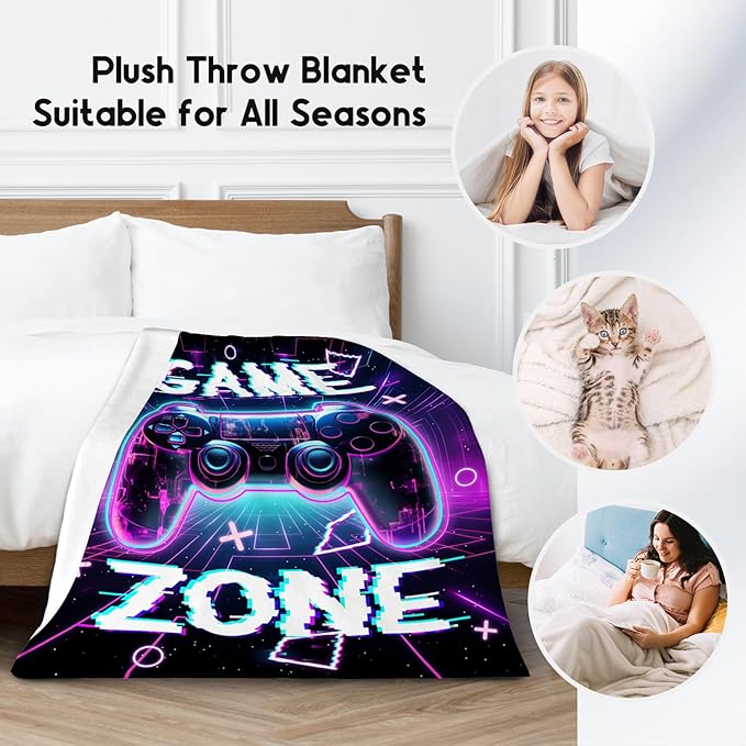 Gaming Blanket for Boys Men, Gamer Gifts for Kids Teen Adults, 50"x60" Flannel Blankets Gift Ideas for Bedroom, Soft Fuzzy Throws for Couch Sofa Bed