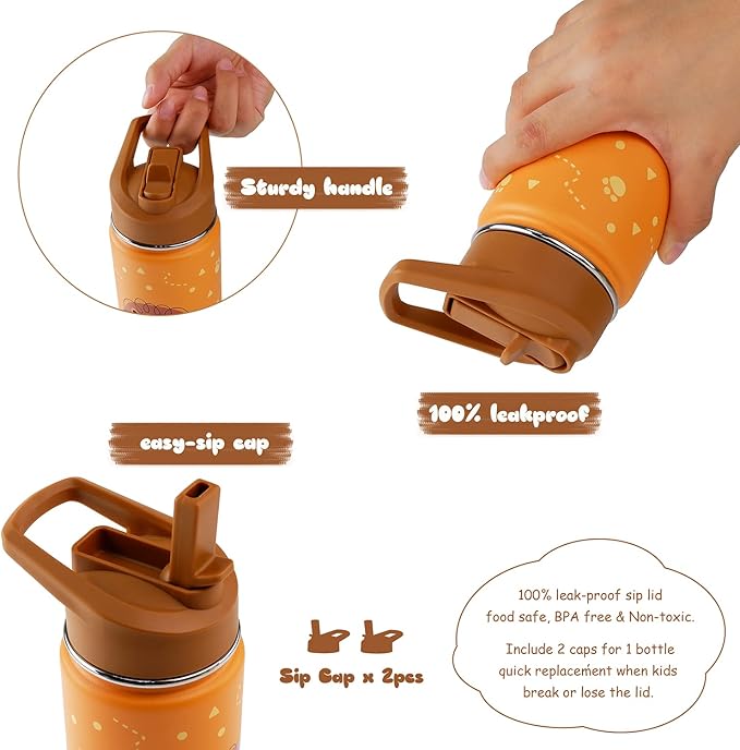 16 oz Stainless Steel Insulated Kids Water Bottle, Leak Proof Metal Thermal Flask with Straw lid, Cute Toddler Tumbler Cup for School Girls & Boys (Lion, Orange)