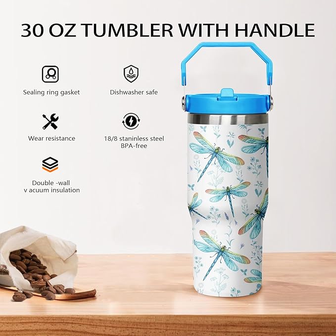 30 oz Dragonfly Tumbler With Lid and Straw,Dragonfly Reusable Water Bottle Cups Coffee Mug Travel Tumbler,Dragonfly Gifts for Women,Dragonfly Ornament, Stuff, Accessories
