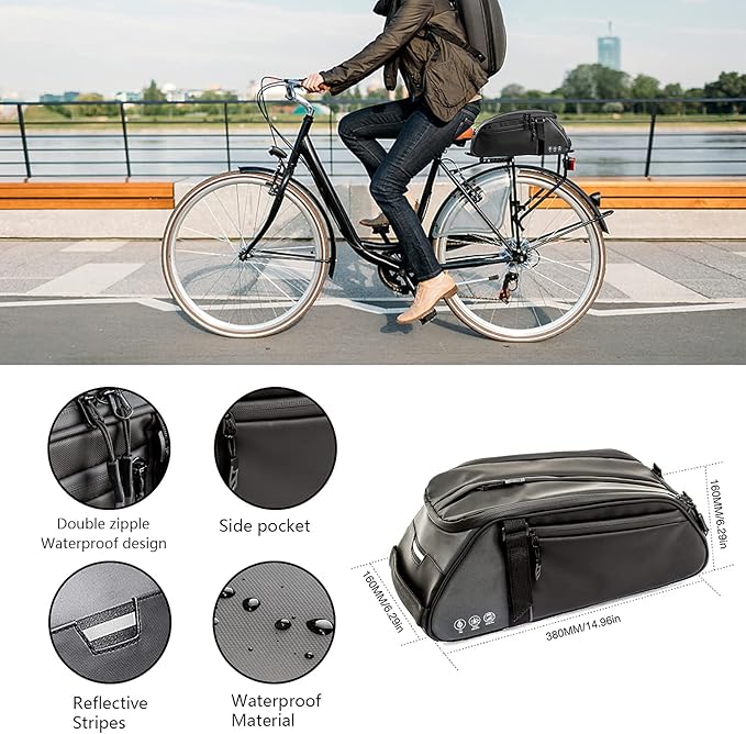 ZIMFANQI Bike Rear Bag Reflective,Water Resistant Bicycle Pannier Rack Bag Cargo Trunk Storage Cycling Carrier Chest Bag,8L Capacity with Multi Pocket Taillight Loop,Shoulder Strap for Outdoor