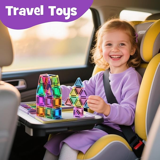 42-Piece Mini Magnetic Tiles Travel Set with Metal Storage Box - Portable STEM Building Blocks for Kids Ages 3-8, Montessori Educational Toys for Airplane & Car Rides, Gift for Boys & Girls