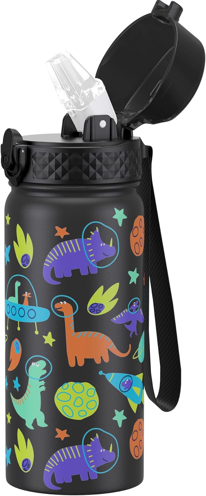 GOPPUS Kids Water Bottle (Straw Lid) - 18 Oz Stainless Steel Travel Bottle, Double Wall Vacuum Leak Proof Kids Cup for School Boys Girls,Space dinosaur