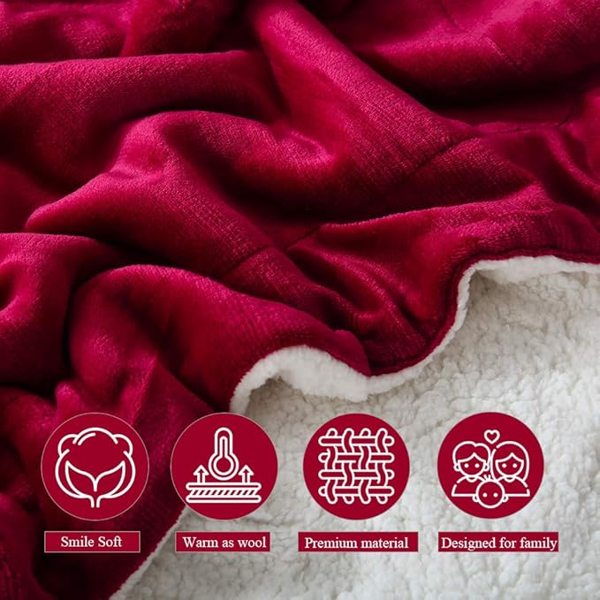 NANPIPER Bed Blanket Reversible Sherpa Flannel Blanket Super Soft Fuzzy Plush Fleece Microfiber (90"x90" Wine Red) Queen