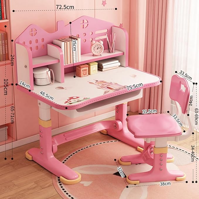 Upgraded Kid's Desk and Chair Set, Adjustable Children's Study Table with Bookshelf and Storage Drawer, 50-Degree Tiltable Desktop with Chair for Bedroom (Pink 105cm)