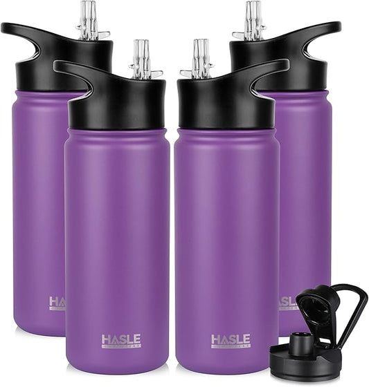 HASLE OUTFITTERS Insulated Water Bottle Kids 16 oz Double Wall Vacuum Stainless Steel Water Bottle Leak Proof for School Wide Mouth with Straw Lid & Spout Lid Keeps Cold and Hot(Purple,4pack)